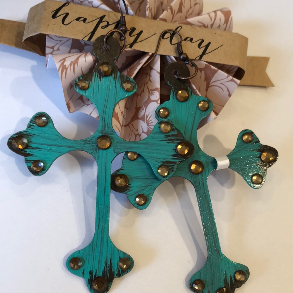 🛍Metal cross earrings paint crystals dangle J2